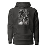 Boston Terrier Bigfoot Chase – Funny Sasquatch Dog Graphic Unisex Hoodie . Charcoal Heather