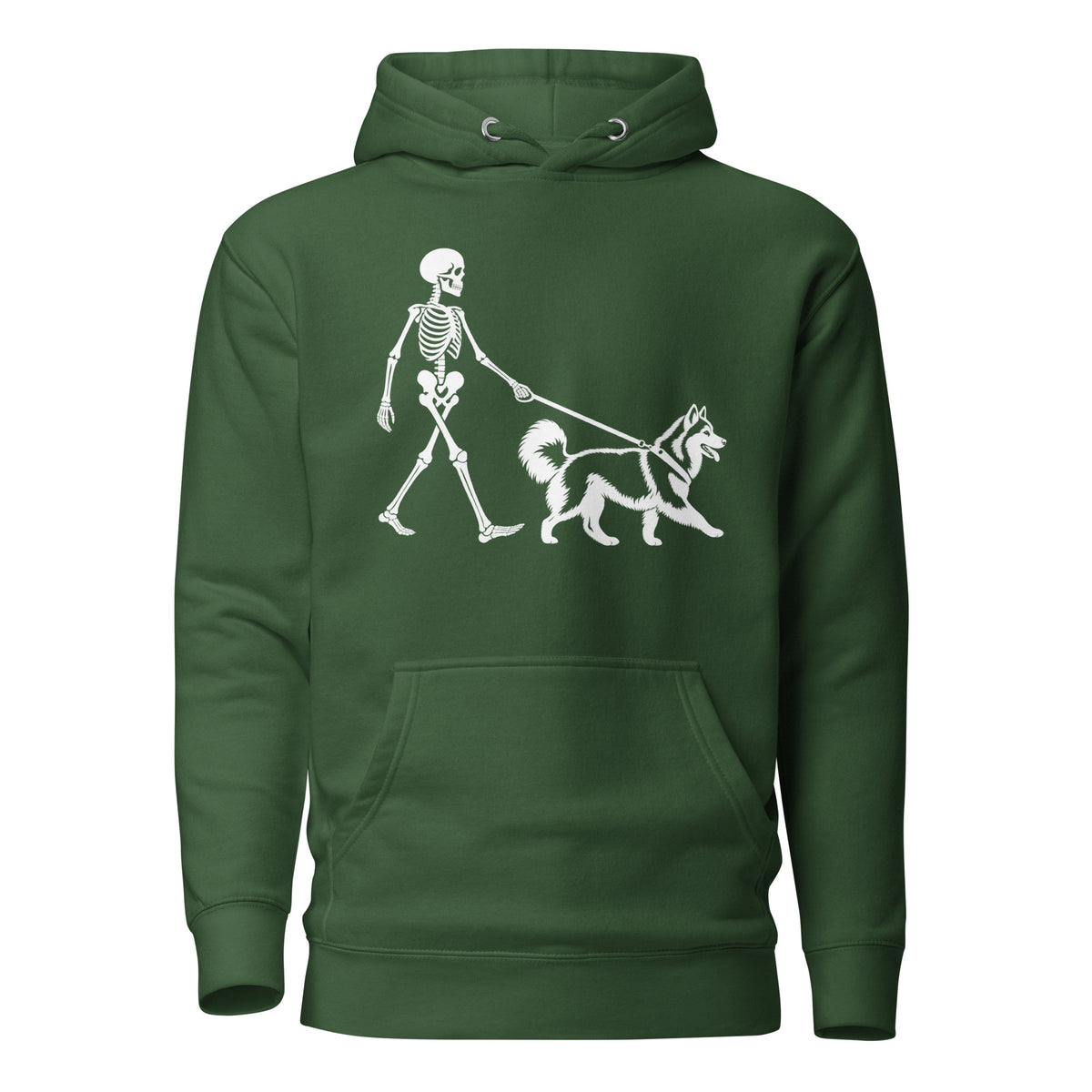 Skeleton Walking Husky Halloween Unisex Hoodie . Forest Green