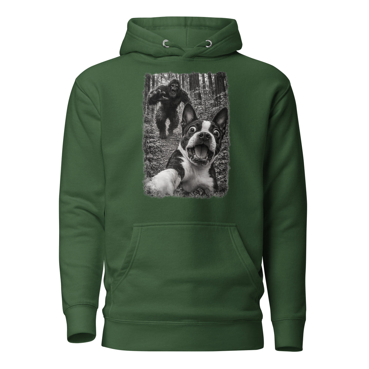 Boston Terrier Bigfoot Chase – Funny Sasquatch Dog Graphic Unisex Hoodie . Forest Green