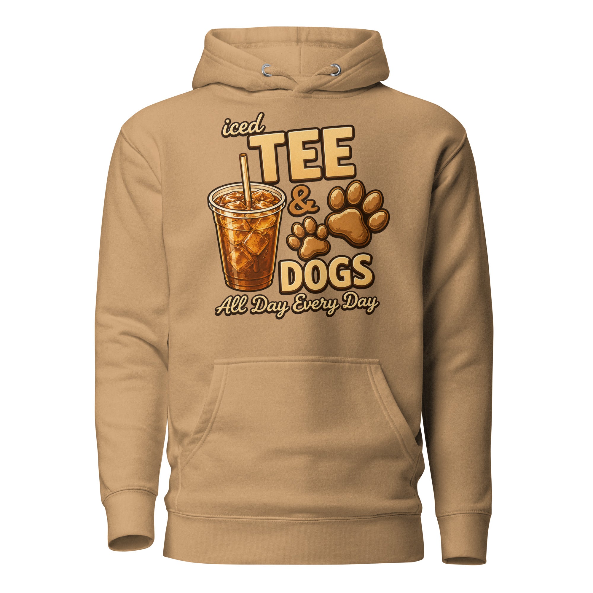 Iced Tea & Dogs All Day Every Day Unisex Hoodie - Funny Dog Lover Tee . Khaki