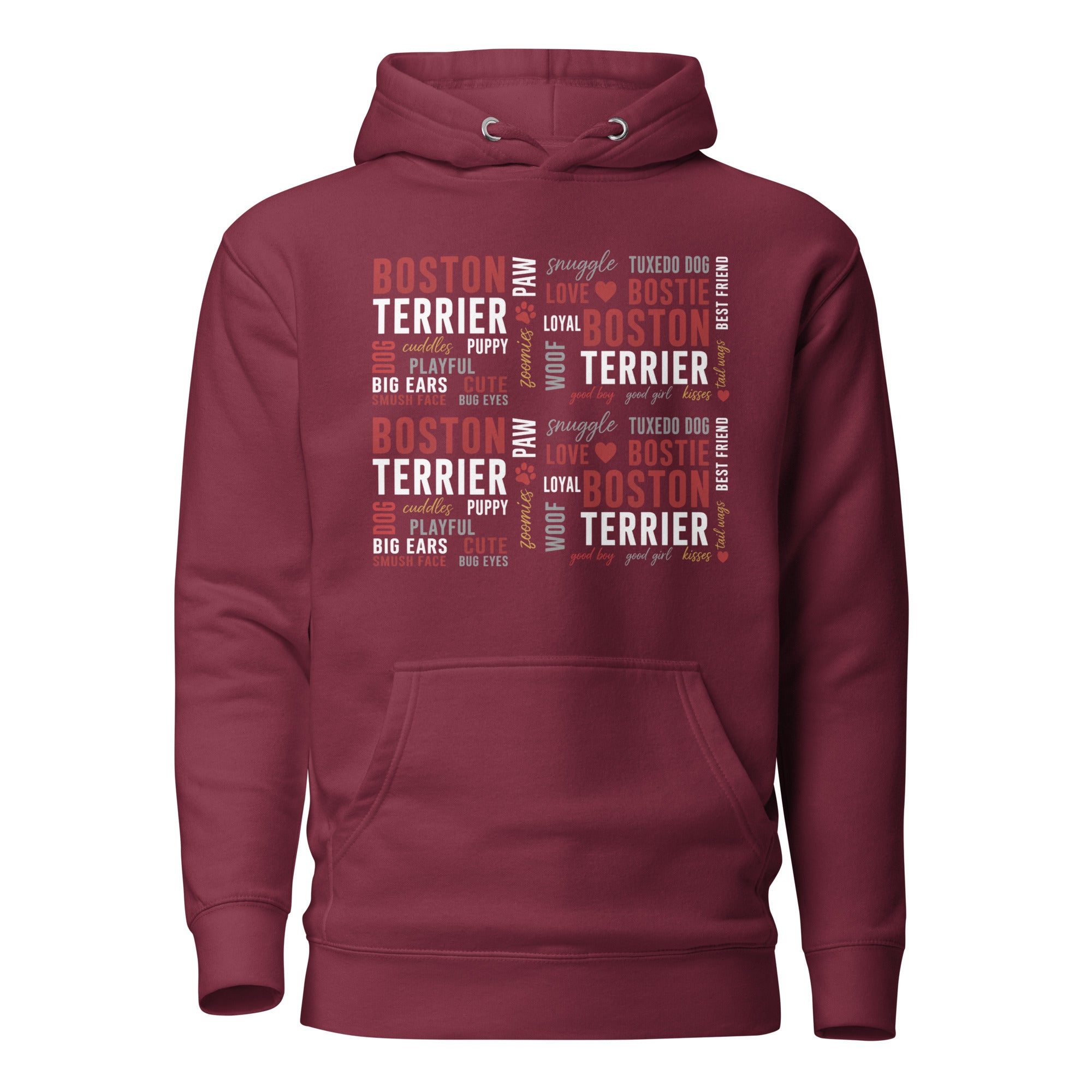 Boston Terrier Word Collage Unisex Hoodie – Dog Lover Typography Art . Maroon