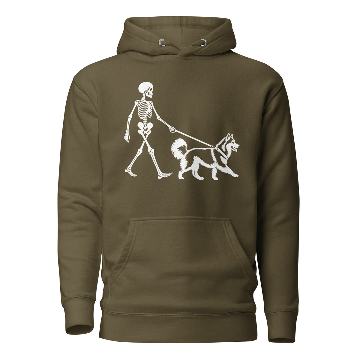 Skeleton Walking Husky Halloween Unisex Hoodie . Military Green