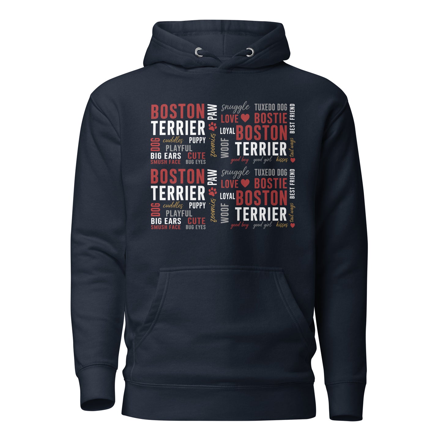 Boston Terrier Word Collage Unisex Hoodie – Dog Lover Typography Art . Navy Blazer