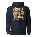 Iced Coffee & Dogs All Day Every Day Unisex Hoodie - Funny Dog Lover Tee . Navy Blazer