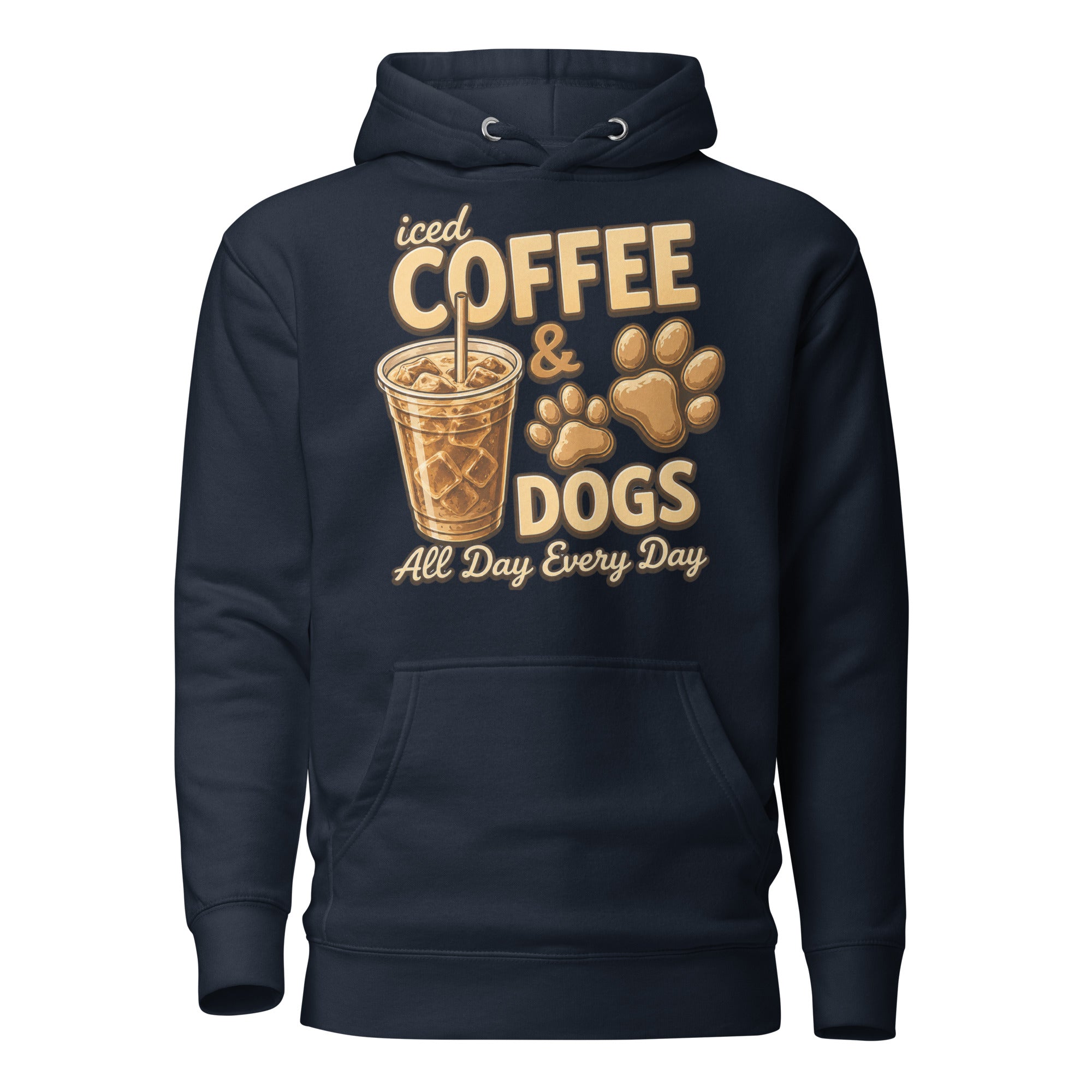 Iced Coffee & Dogs All Day Every Day Unisex Hoodie - Funny Dog Lover Tee . Navy Blazer