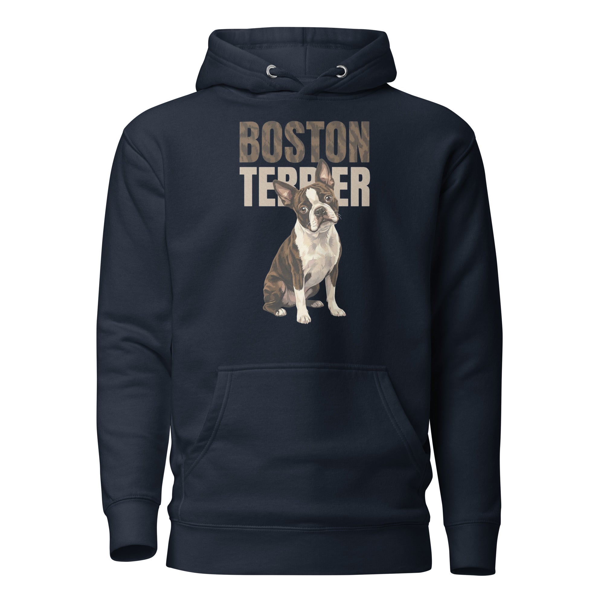 Brindle Boston Terrier Dog Unisex Hoodie . Navy Blazer