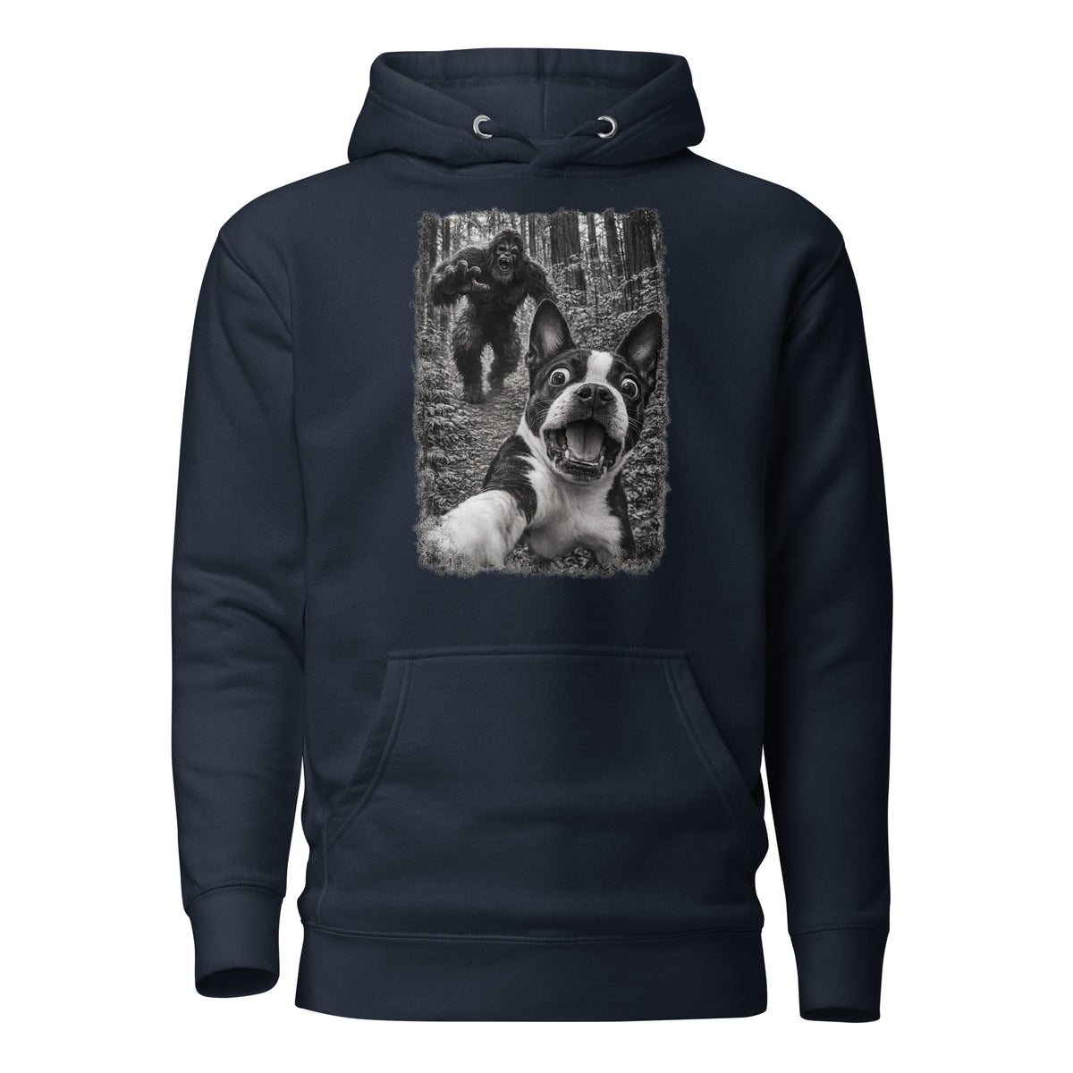Boston Terrier Bigfoot Chase – Funny Sasquatch Dog Graphic Unisex Hoodie . Navy Blazer