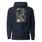 Boston Terrier Bigfoot Chase – Funny Sasquatch Dog Graphic Unisex Hoodie . Navy Blazer