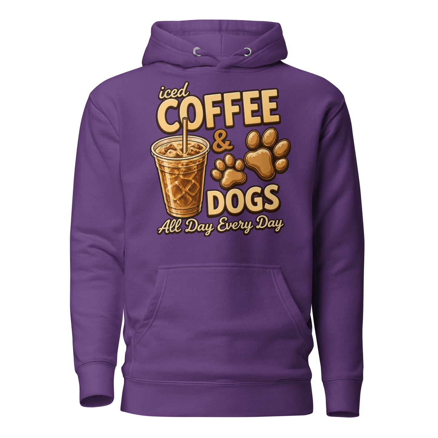 Iced Coffee & Dogs All Day Every Day Unisex Hoodie - Funny Dog Lover Tee . Purple