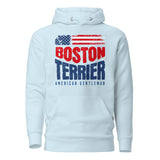 Boston Terrier American Flag Unisex Hoodie – 4th of July Patriotic Dog Tee | USA 250th Birthday Shirt . Sky Blue