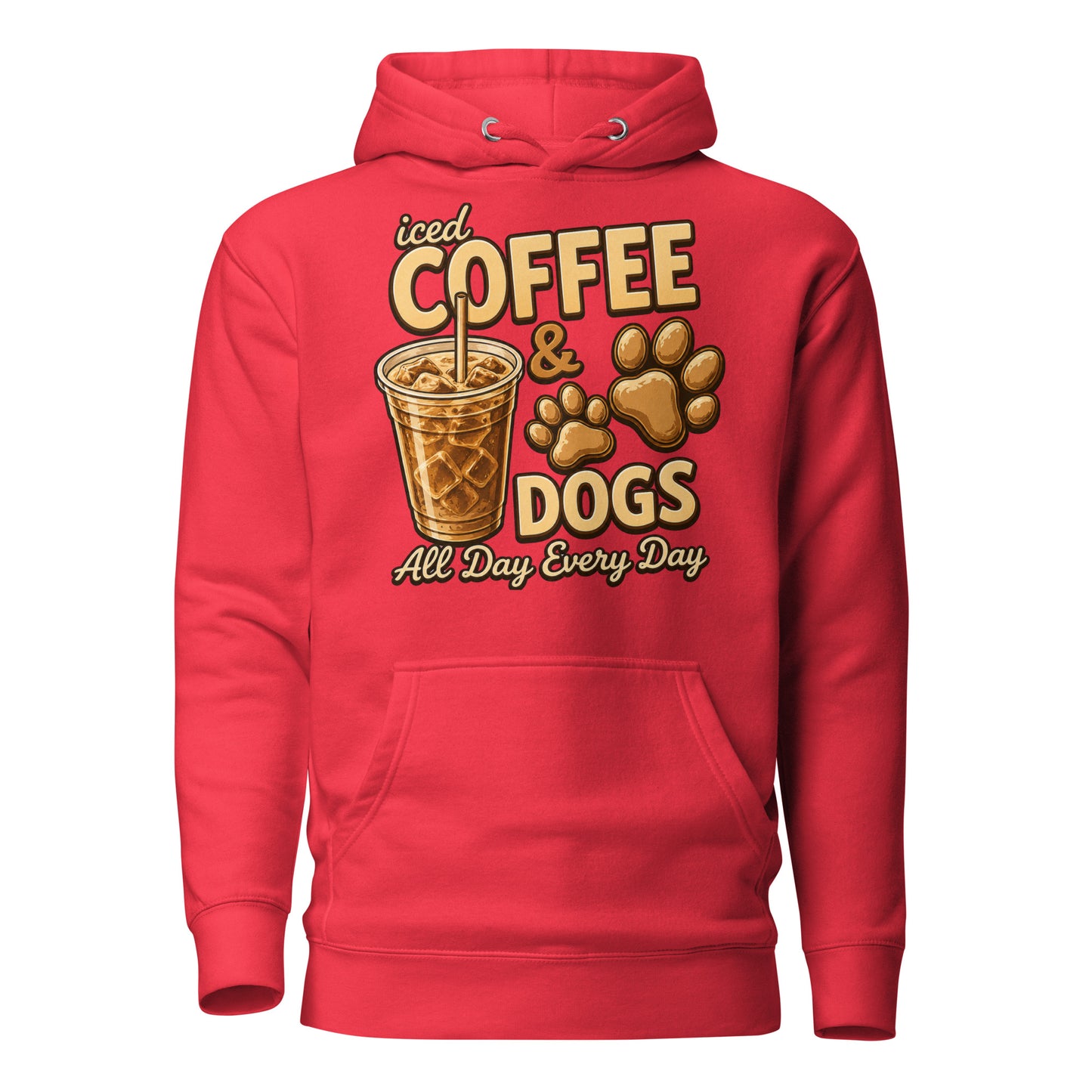 Iced Coffee & Dogs All Day Every Day Unisex Hoodie - Funny Dog Lover Tee . Team Red
