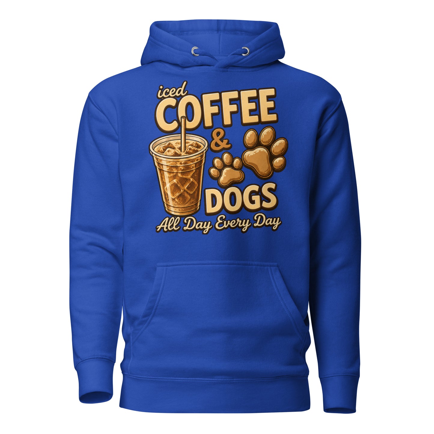 Iced Coffee & Dogs All Day Every Day Unisex Hoodie - Funny Dog Lover Tee . Team Royal