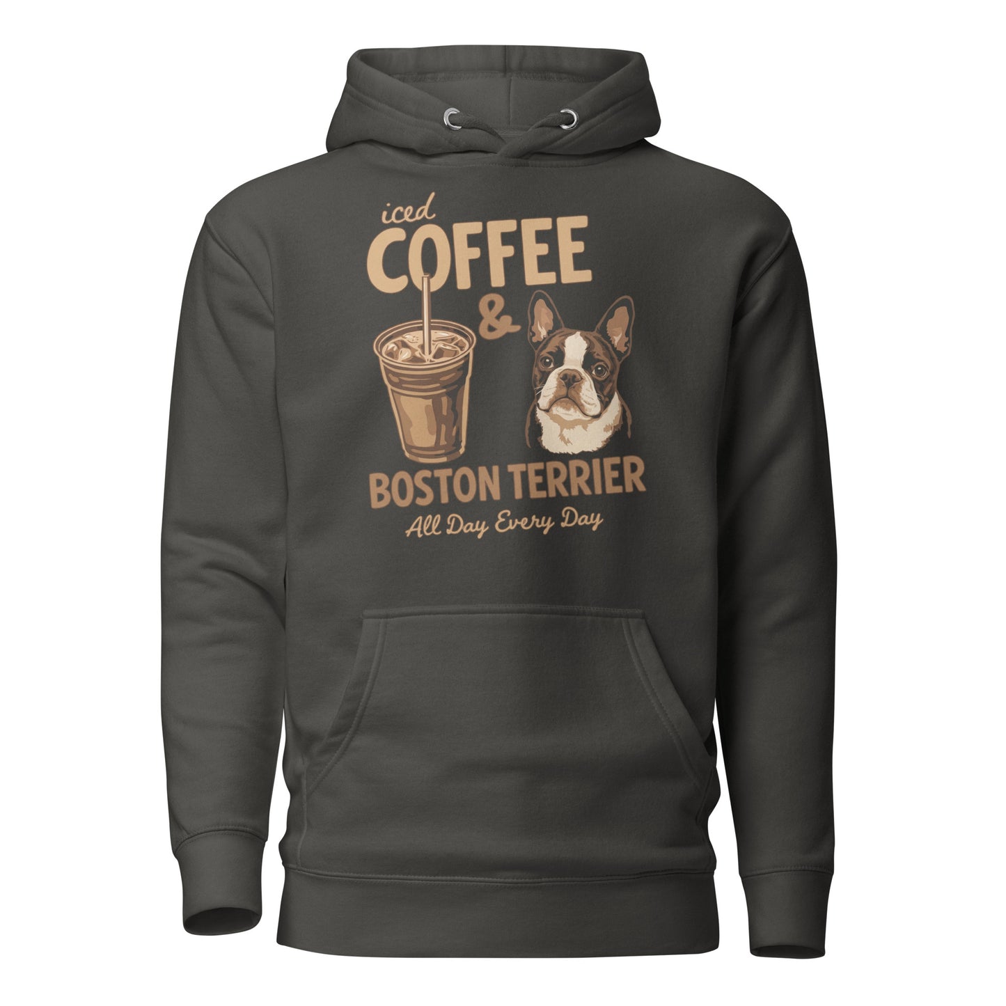 Iced Coffee & Boston Terrier All Day Every Day Unisex Hoodie . Vintage Black