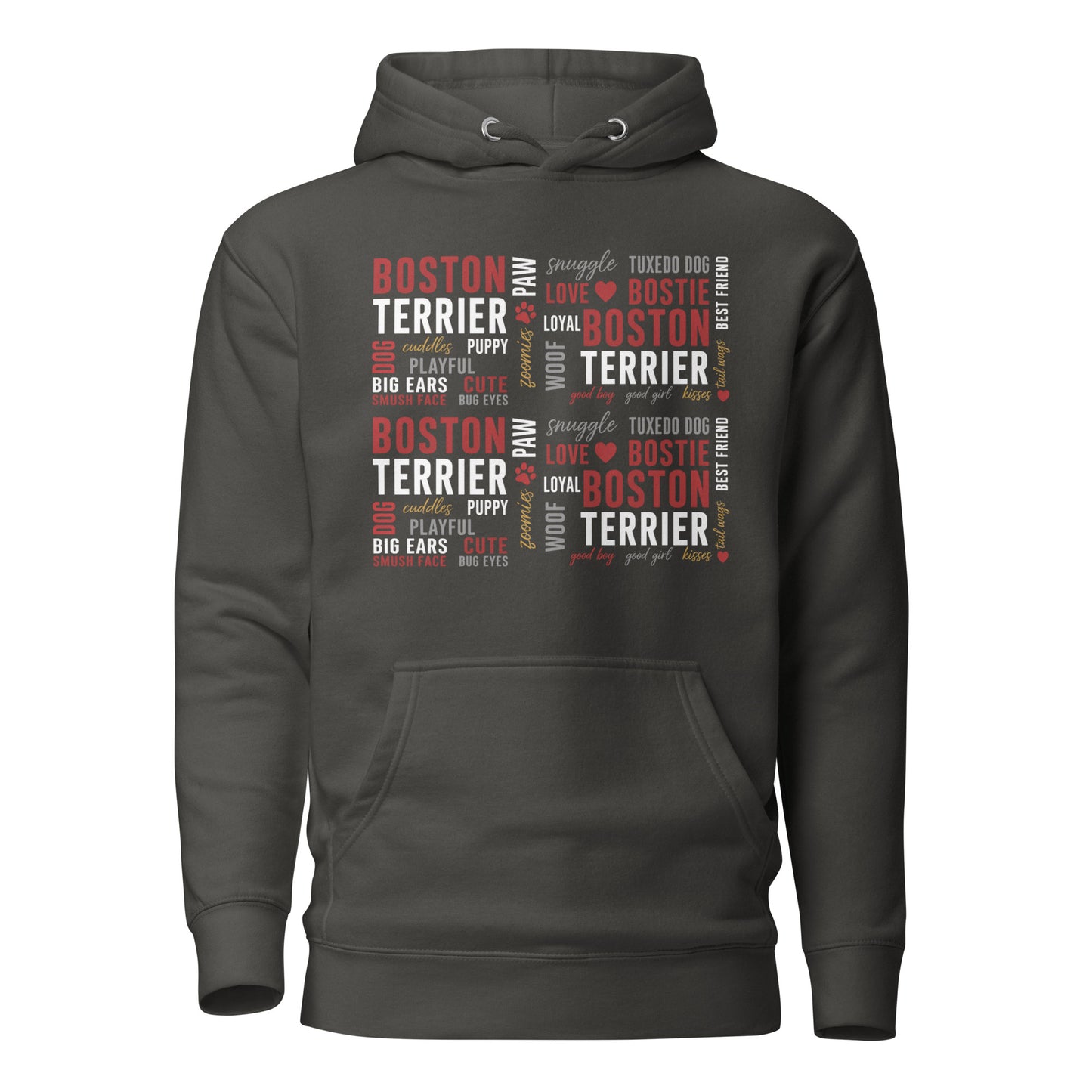 Boston Terrier Word Collage Unisex Hoodie – Dog Lover Typography Art . Vintage Black