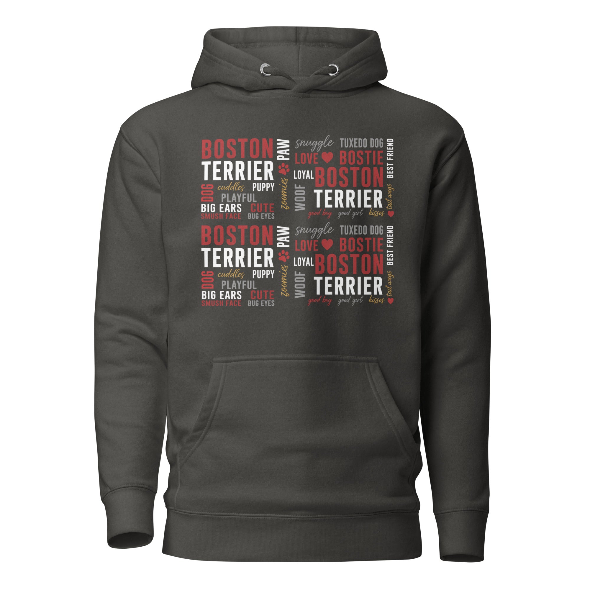 Boston Terrier Word Collage Unisex Hoodie – Dog Lover Typography Art . Vintage Black
