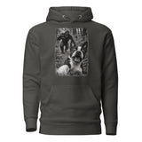Boston Terrier Bigfoot Chase – Funny Sasquatch Dog Graphic Unisex Hoodie . Vintage Black