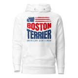 Boston Terrier American Flag Unisex Hoodie – 4th of July Patriotic Dog Tee | USA 250th Birthday Shirt . White