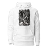 Boston Terrier Bigfoot Chase – Funny Sasquatch Dog Graphic Unisex Hoodie . White
