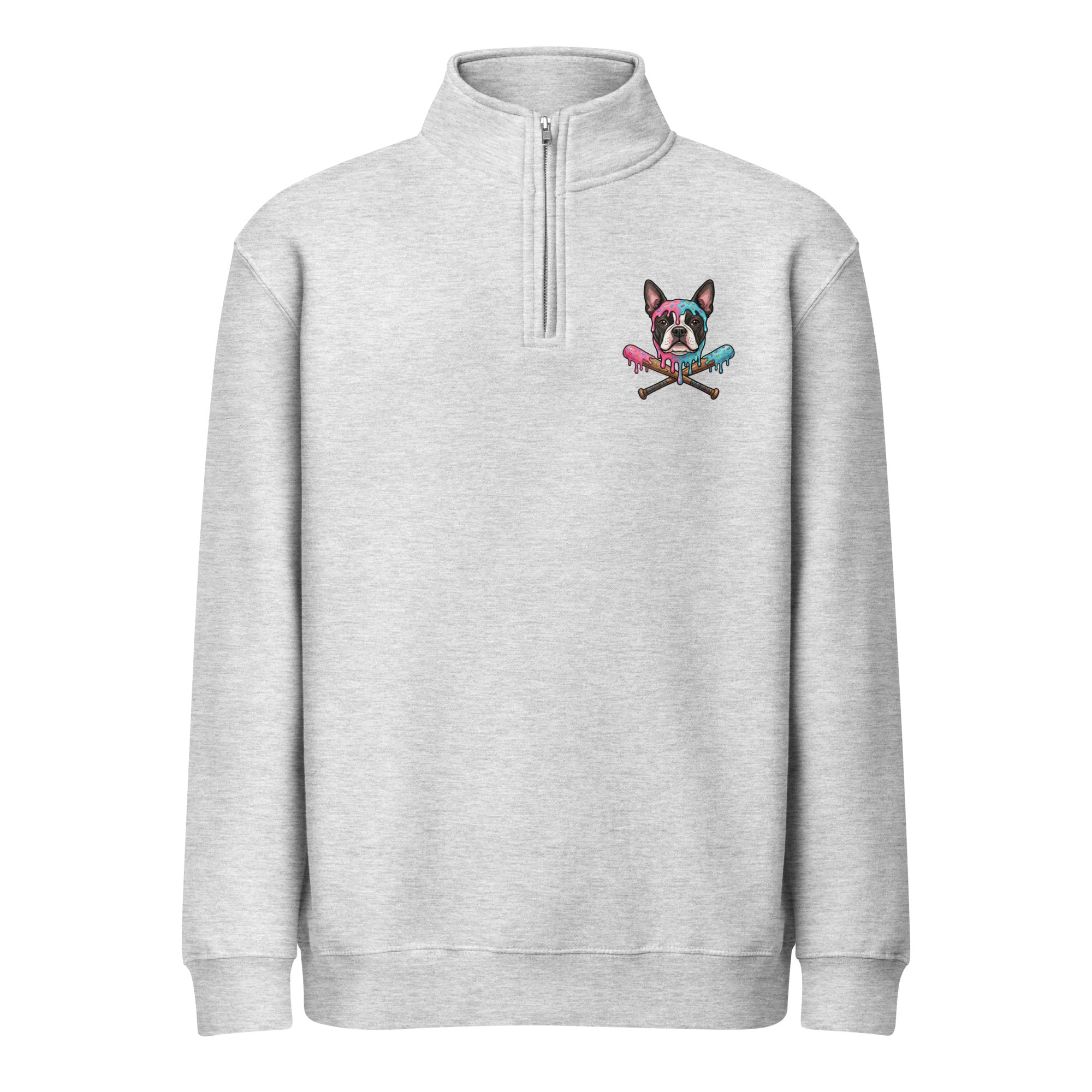 Boston Terrier Baseball Drip Premium 1/4 Zip Sweatshirt . Heather Grey