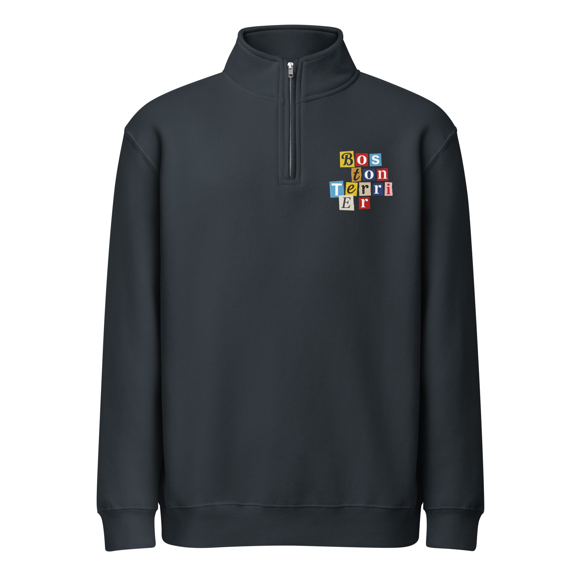 1970s British Punk Ransom Note Boston Terrier Dog Unisex Premium 1/4 Zip Sweatshirt . Navy