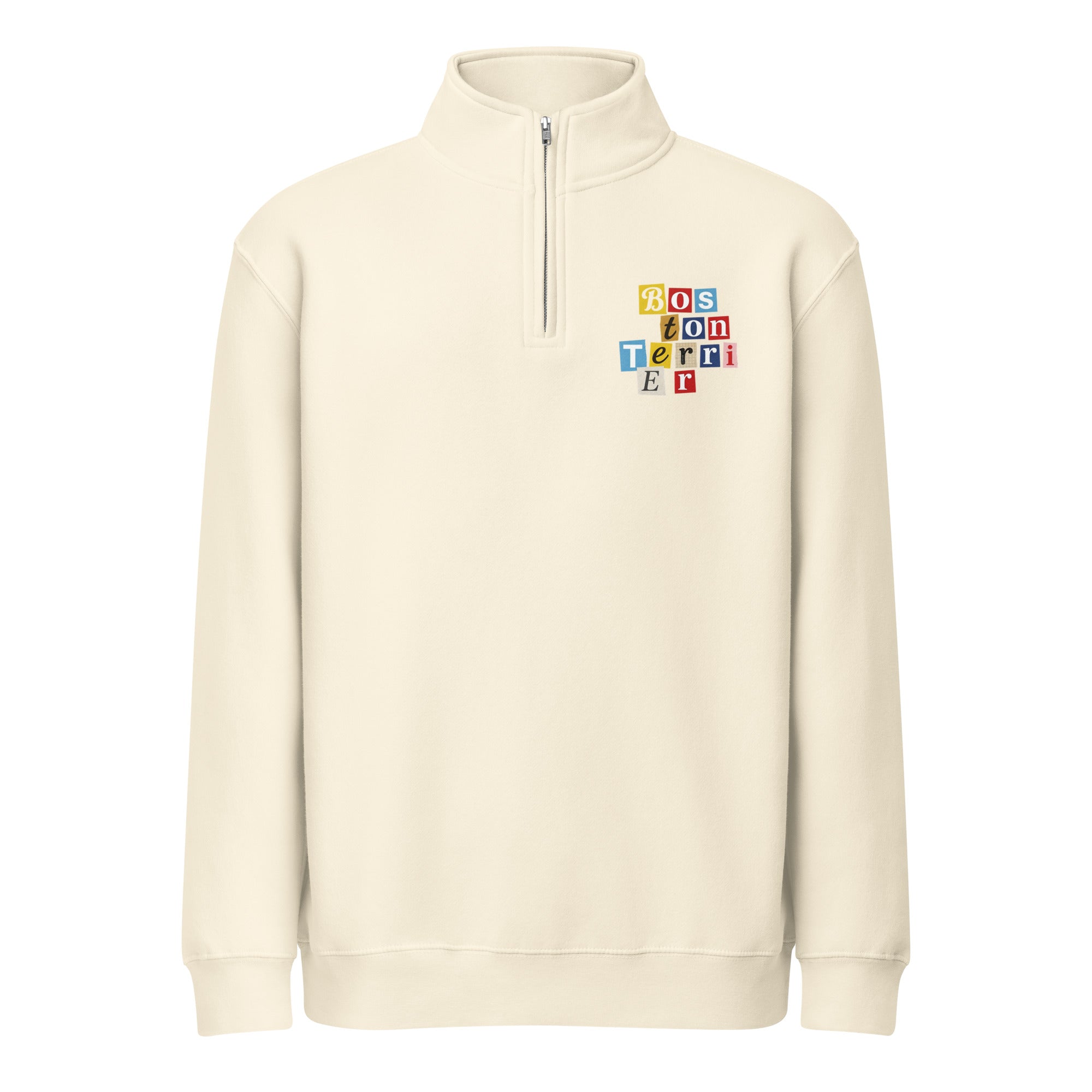 1970s British Punk Ransom Note Boston Terrier Dog Unisex Premium 1/4 Zip Sweatshirt . Sandshell