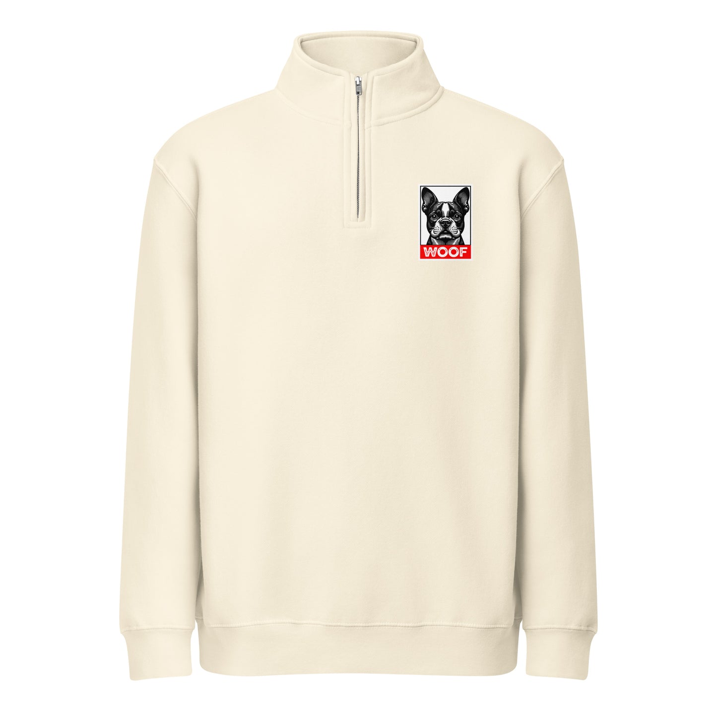 Woof Boston Terrier Dog Premium 1/4 Zip Sweatshirt . Sandshell
