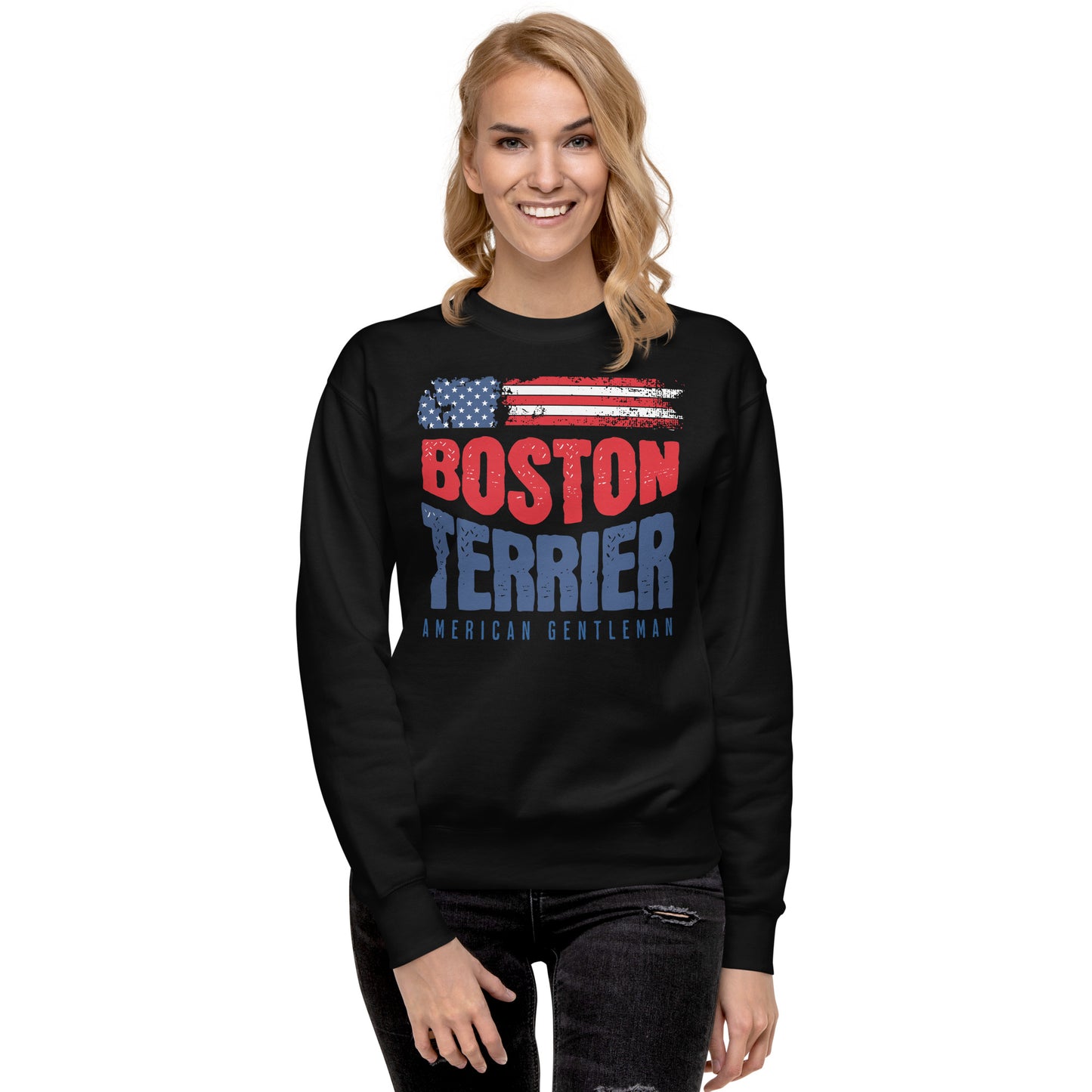 Boston Terrier American Flag Unisex Premium Sweatshirt – 4th of July Patriotic Dog Tee | USA 250th Birthday Shirt .
