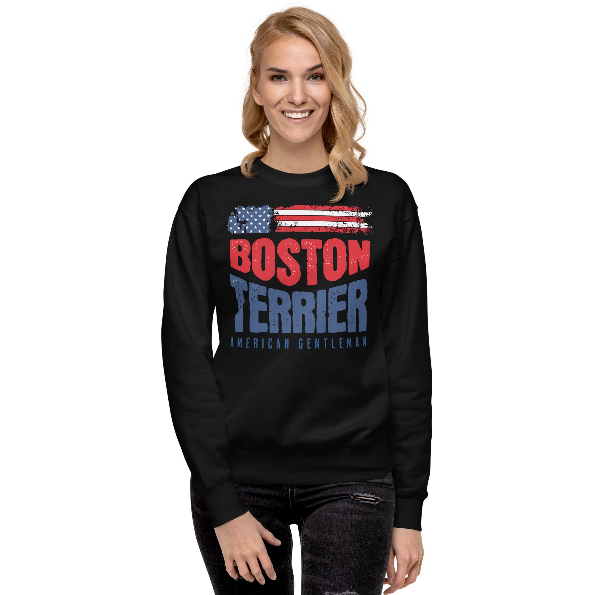 Boston Terrier American Flag Unisex Premium Sweatshirt – 4th of July Patriotic Dog Tee | USA 250th Birthday Shirt .