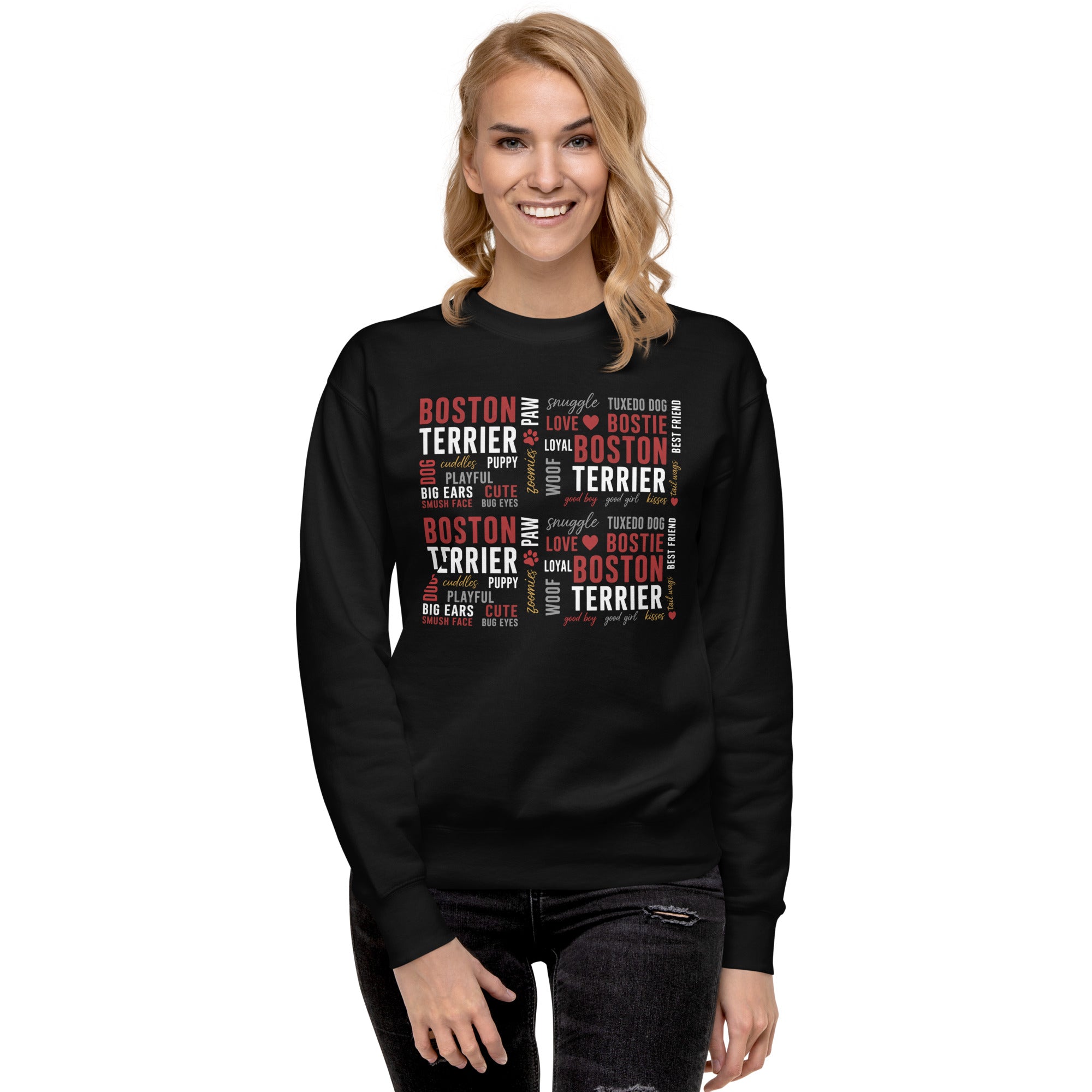 Boston Terrier Word Collage Unisex Premium Sweatshirt – Dog Lover Typography Art .