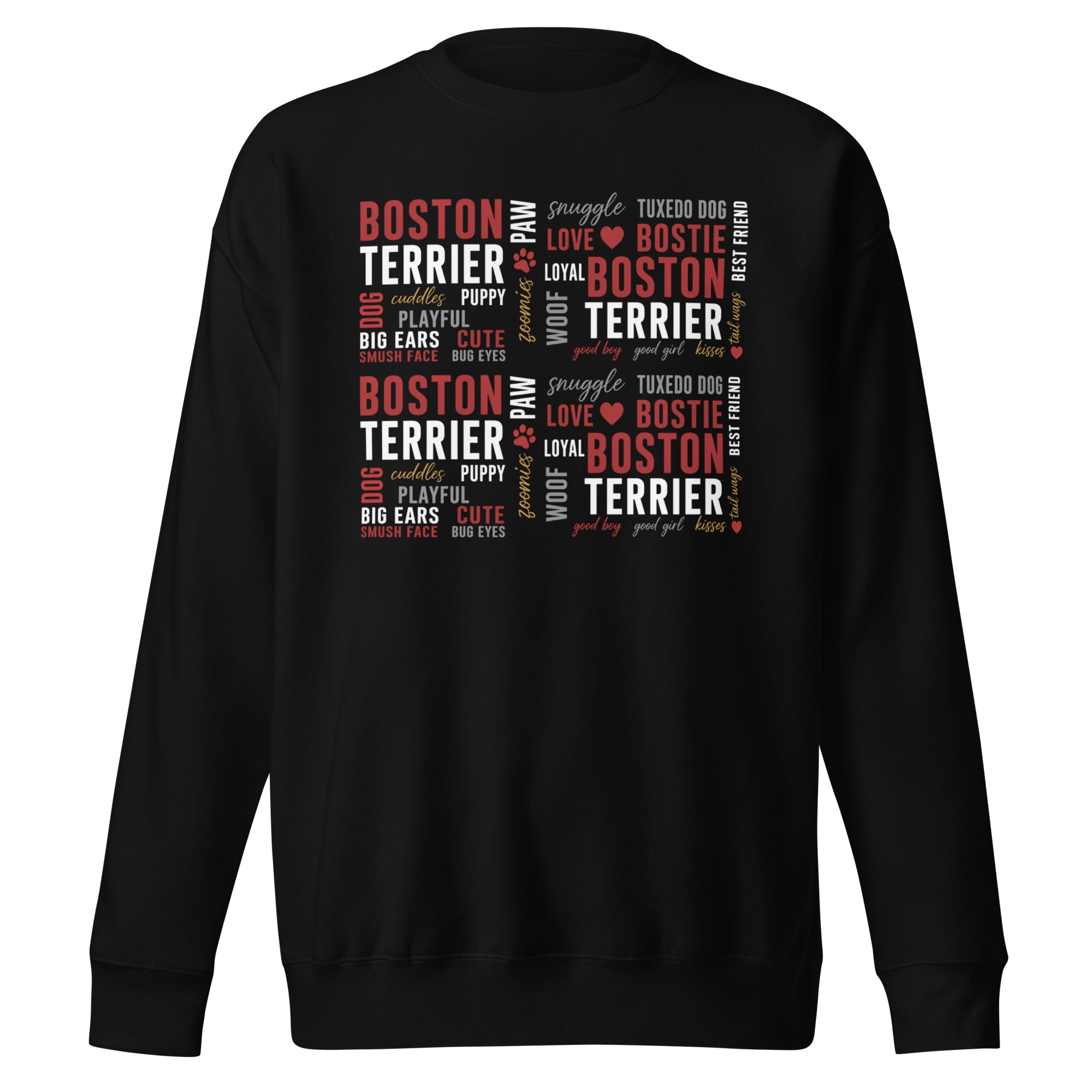 Boston Terrier Word Collage Unisex Premium Sweatshirt – Dog Lover Typography Art . Black