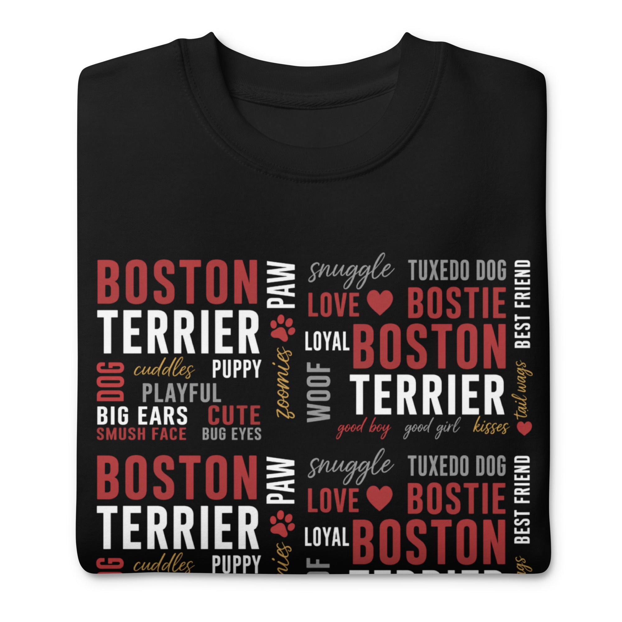 Boston Terrier Word Collage Unisex Premium Sweatshirt – Dog Lover Typography Art .
