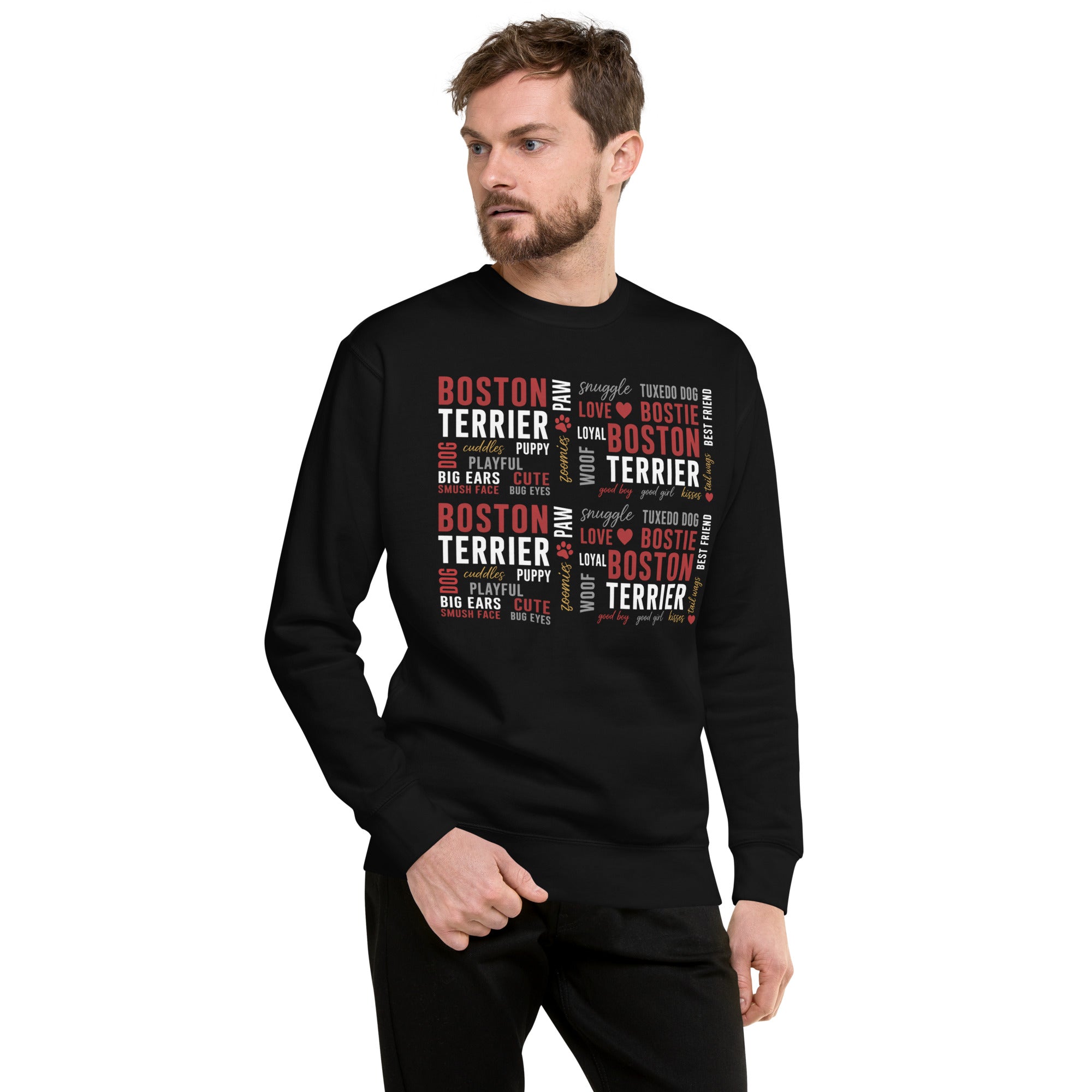 Boston Terrier Word Collage Unisex Premium Sweatshirt – Dog Lover Typography Art .
