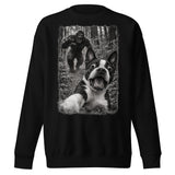 Boston Terrier Bigfoot Chase – Funny Sasquatch Dog Graphic Unisex Premium Sweatshirt . Black