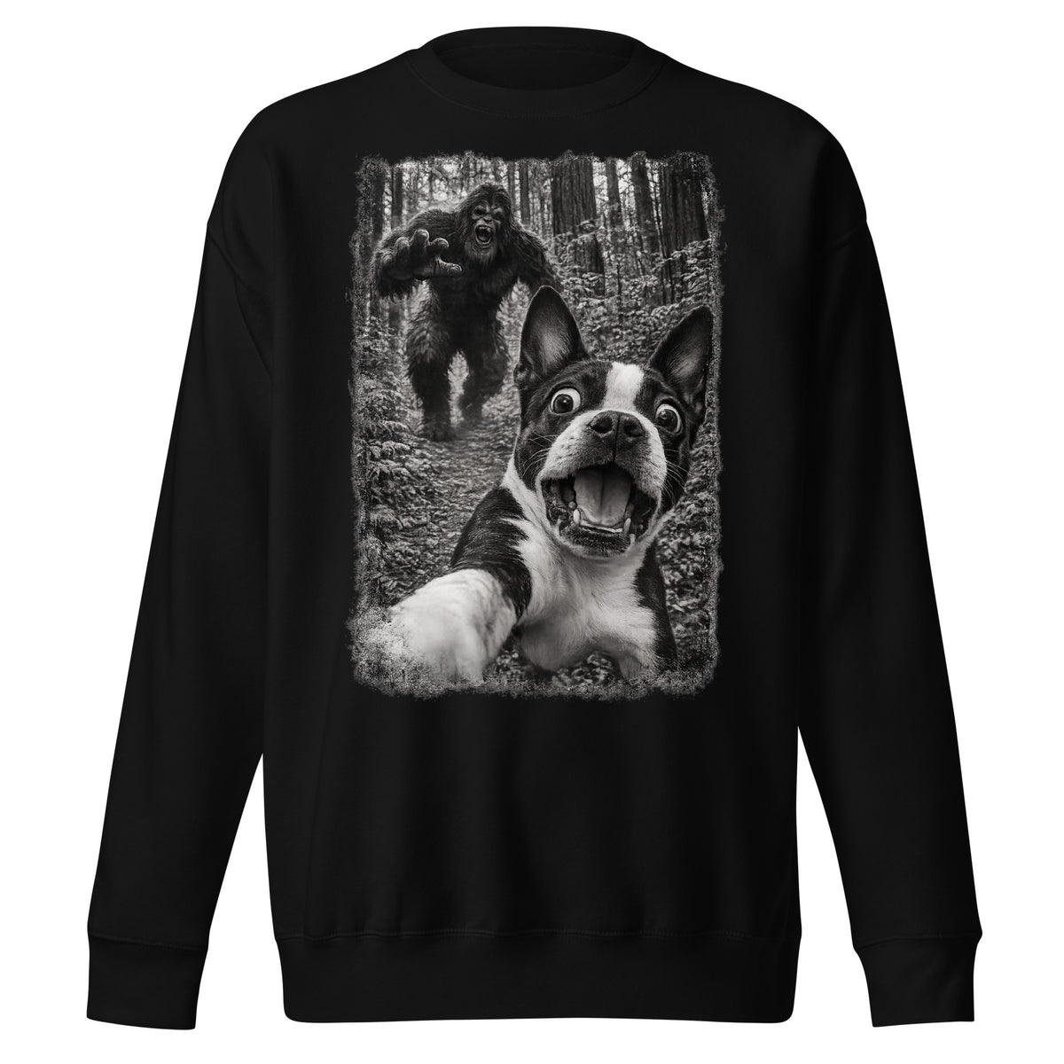 Boston Terrier Bigfoot Chase – Funny Sasquatch Dog Graphic Unisex Premium Sweatshirt . Black