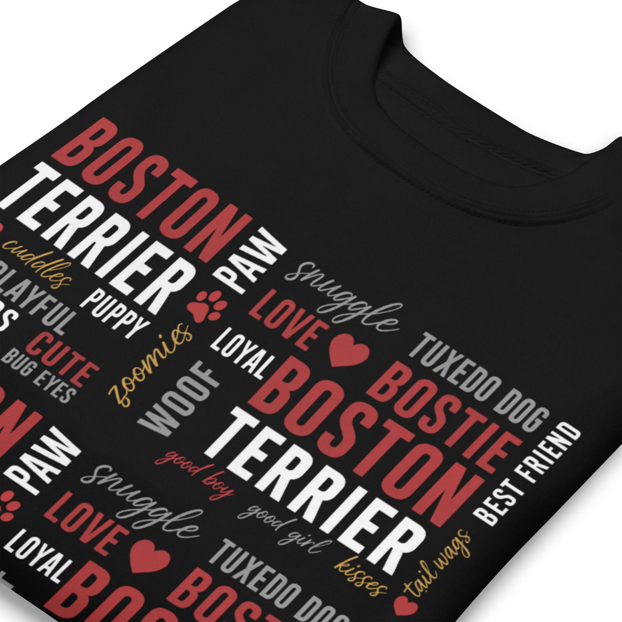 Boston Terrier Word Collage Unisex Premium Sweatshirt – Dog Lover Typography Art .