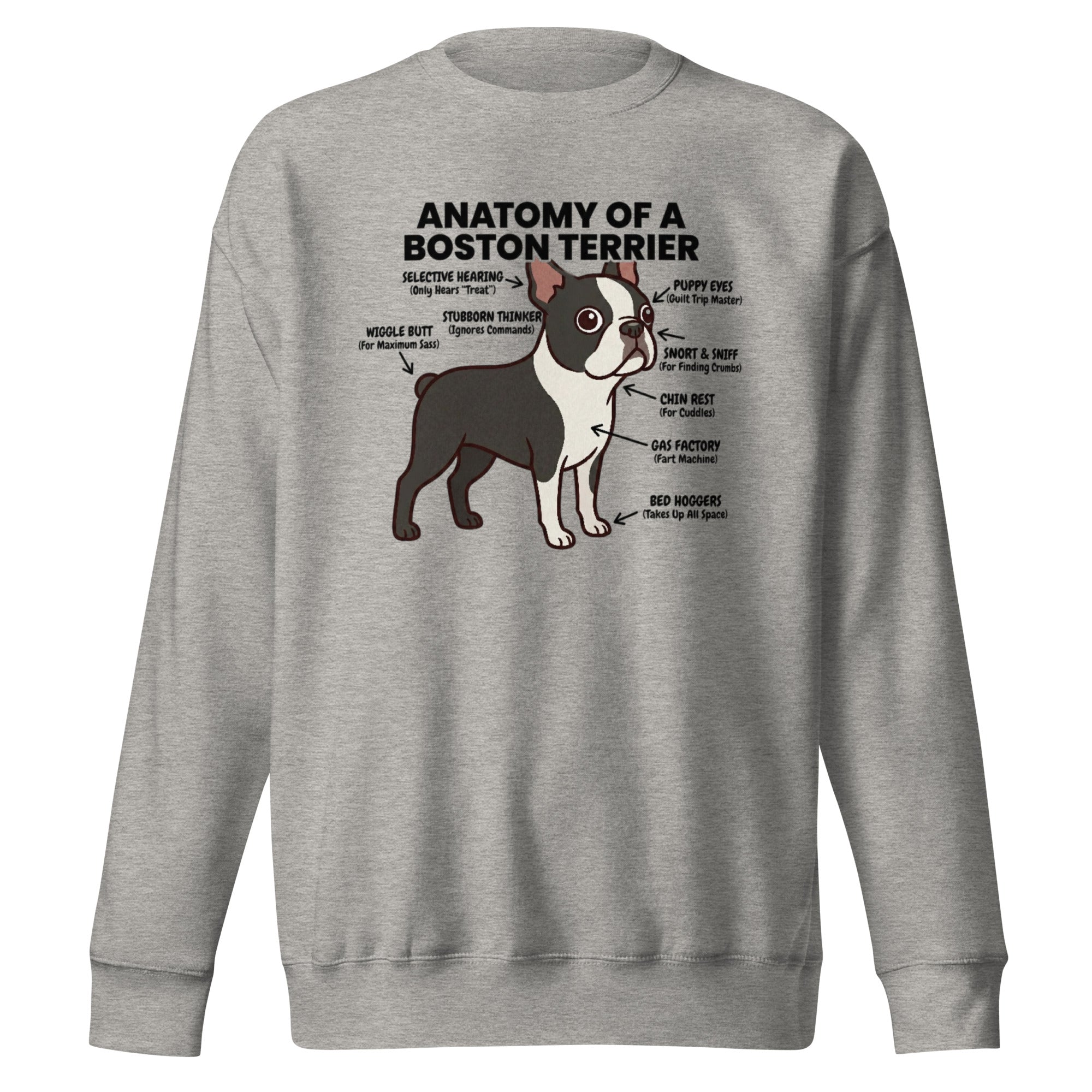 Boston Terrier Anatomy Illustrated Unisex Premium Sweatshirt . Carbon Grey