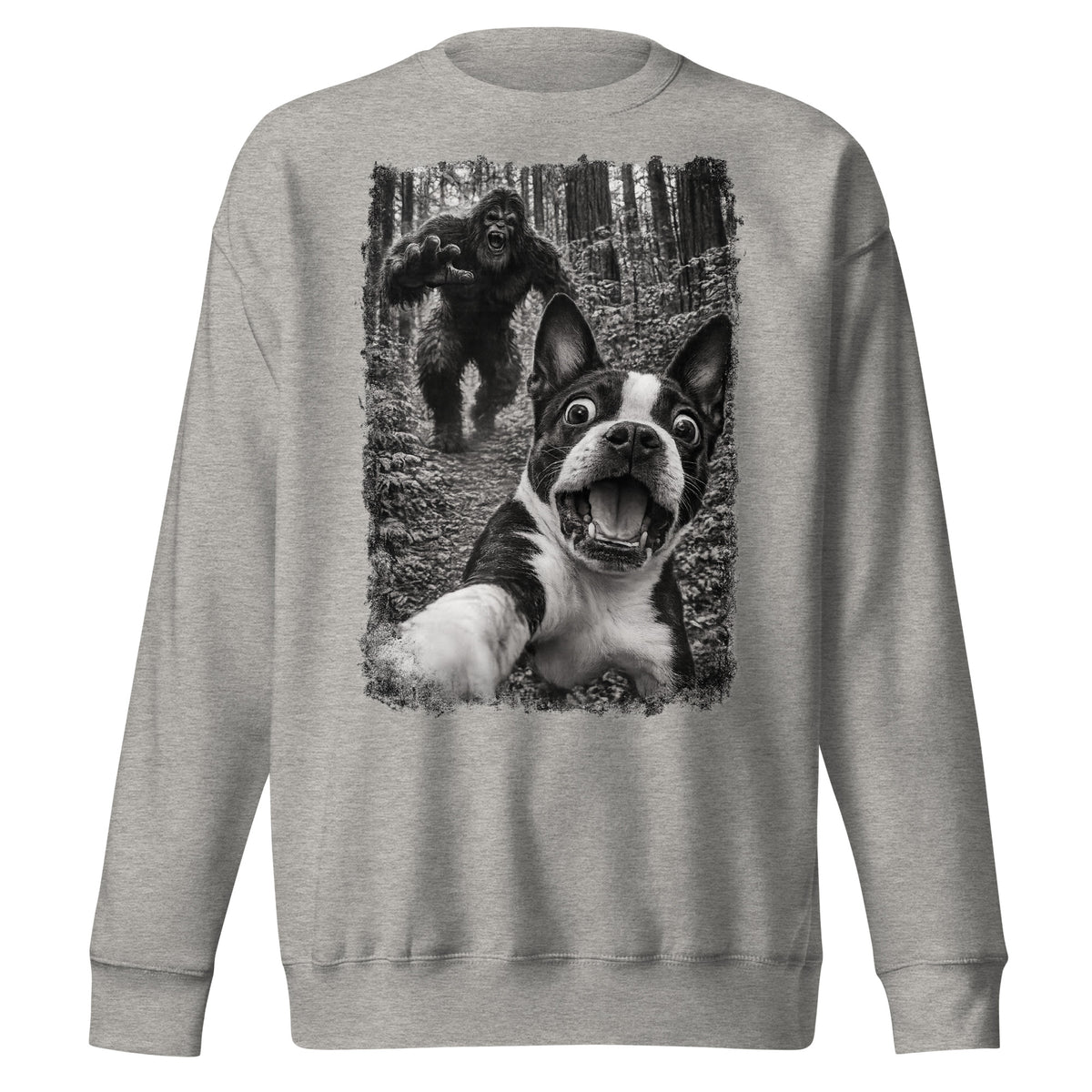 Boston Terrier Bigfoot Chase – Funny Sasquatch Dog Graphic Unisex Premium Sweatshirt . Carbon Grey