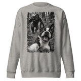 Boston Terrier Bigfoot Chase – Funny Sasquatch Dog Graphic Unisex Premium Sweatshirt . Carbon Grey
