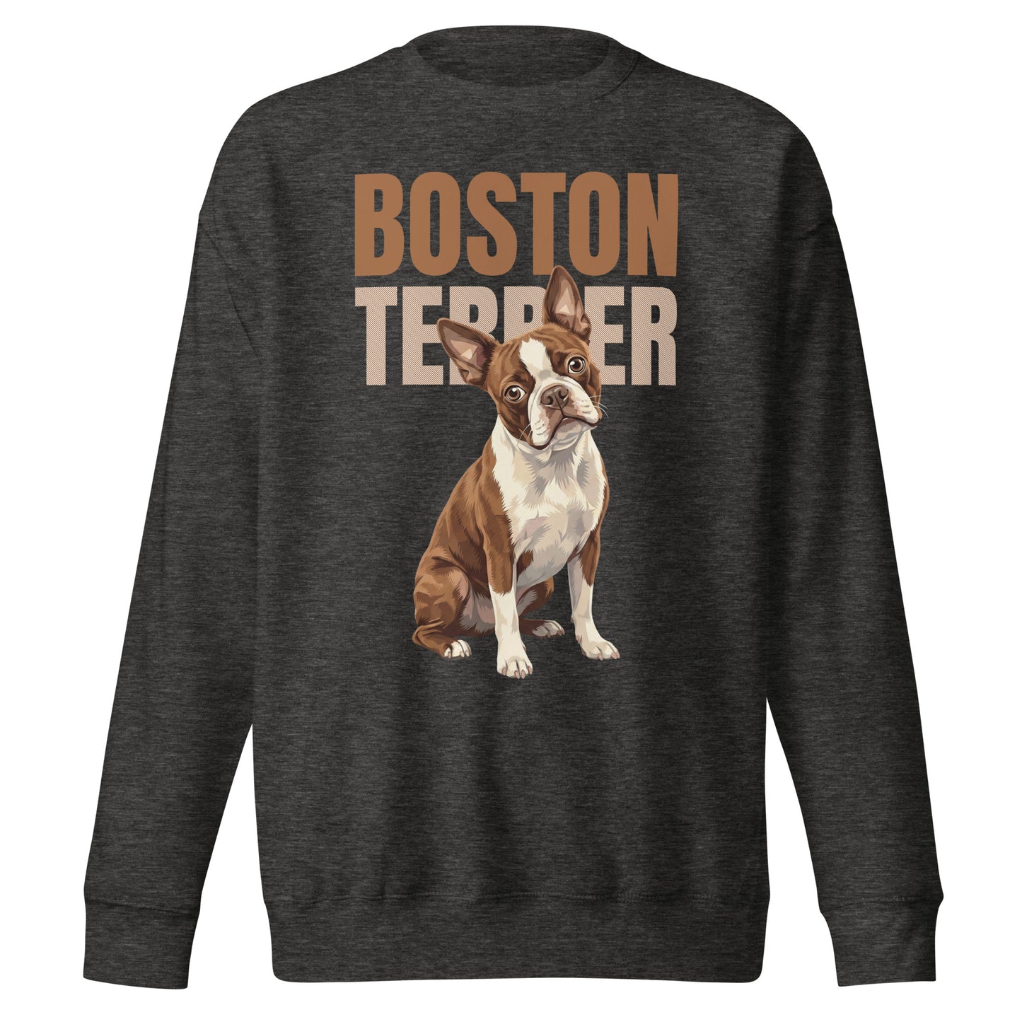 Brown Boston Terrier Dog Unisex Premium Sweatshirt . Charcoal Heather