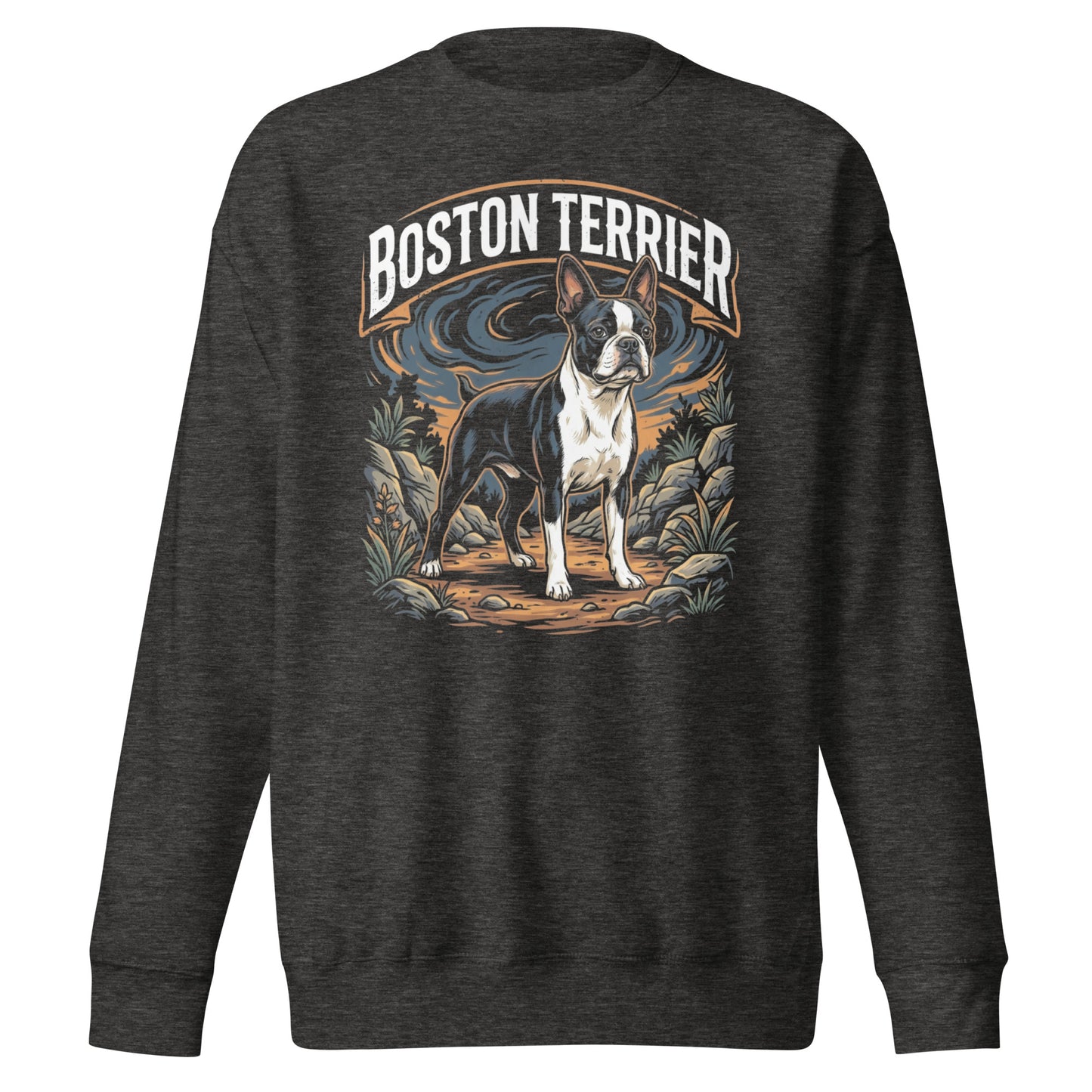 Boston Terrier Wilderness Guardian Unisex Premium Sweatshirt . Charcoal Heather
