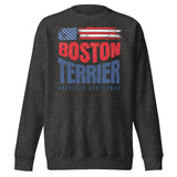 Boston Terrier American Flag Unisex Premium Sweatshirt – 4th of July Patriotic Dog Tee | USA 250th Birthday Shirt . Charcoal Heather