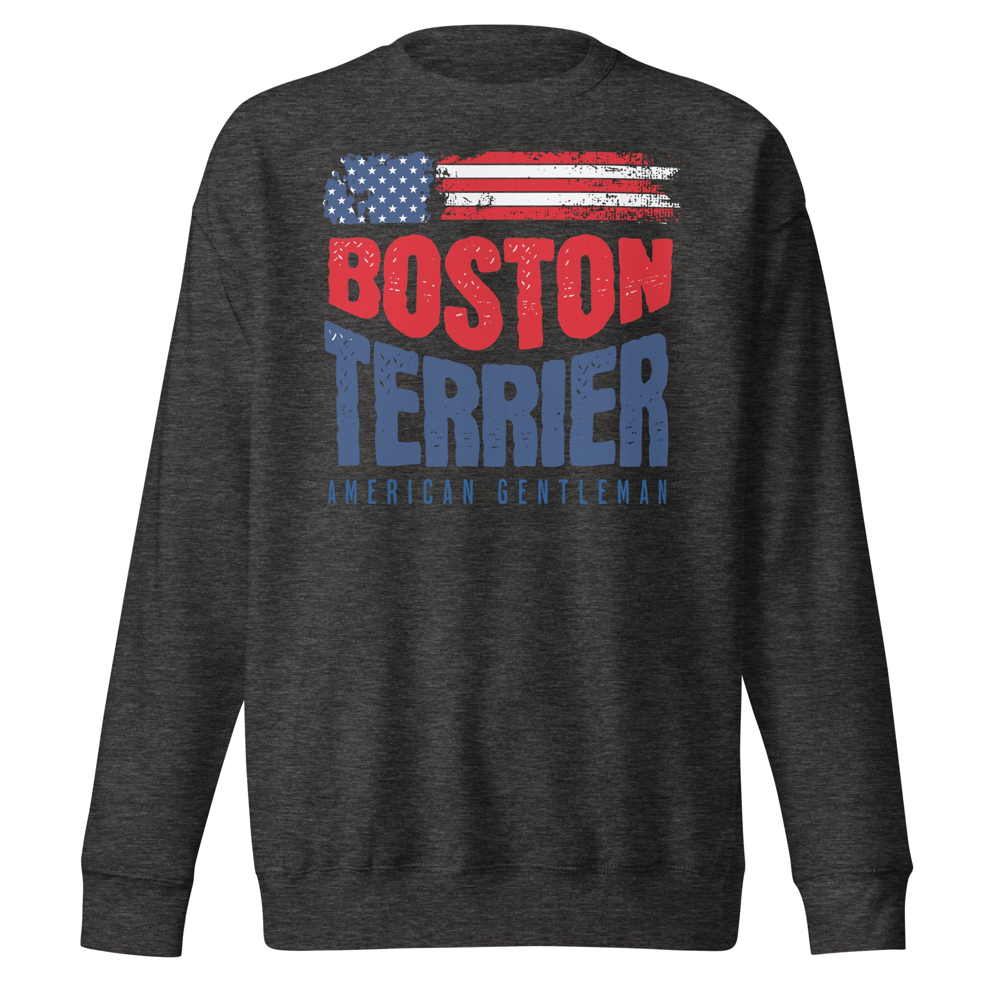 Boston Terrier American Flag Unisex Premium Sweatshirt – 4th of July Patriotic Dog Tee | USA 250th Birthday Shirt . Charcoal Heather