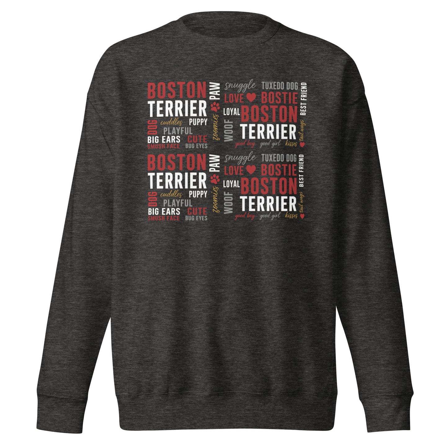 Boston Terrier Word Collage Unisex Premium Sweatshirt – Dog Lover Typography Art . Charcoal Heather
