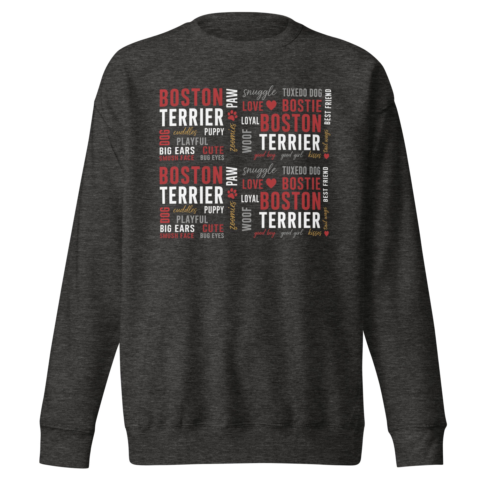 Boston Terrier Word Collage Unisex Premium Sweatshirt – Dog Lover Typography Art . Charcoal Heather