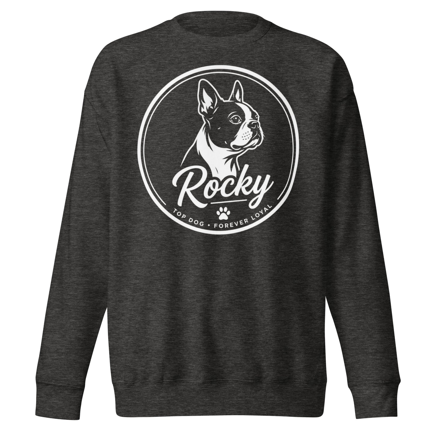 Personalized Dog Silhouette Unsex Premium Sweatshirt with Custom Name & Tagline . Charcoal Heather