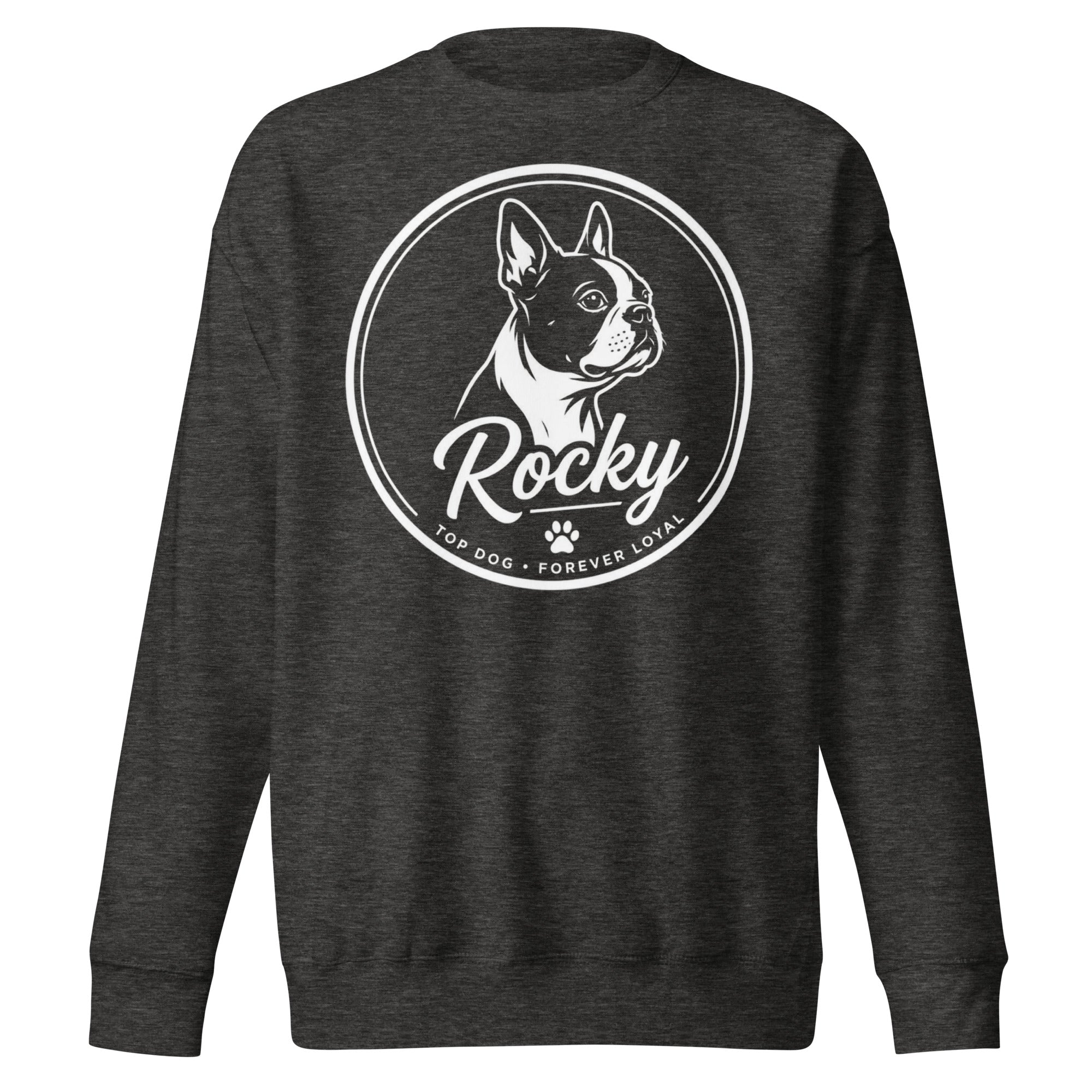 Personalized Dog Silhouette Unsex Premium Sweatshirt with Custom Name & Tagline . Charcoal Heather