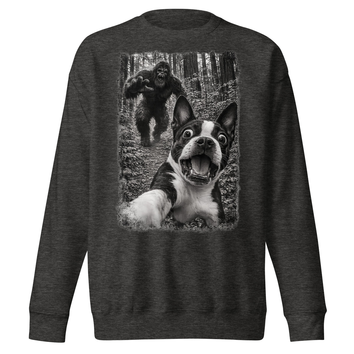 Boston Terrier Bigfoot Chase – Funny Sasquatch Dog Graphic Unisex Premium Sweatshirt . Charcoal Heather