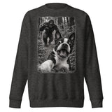 Boston Terrier Bigfoot Chase – Funny Sasquatch Dog Graphic Unisex Premium Sweatshirt . Charcoal Heather