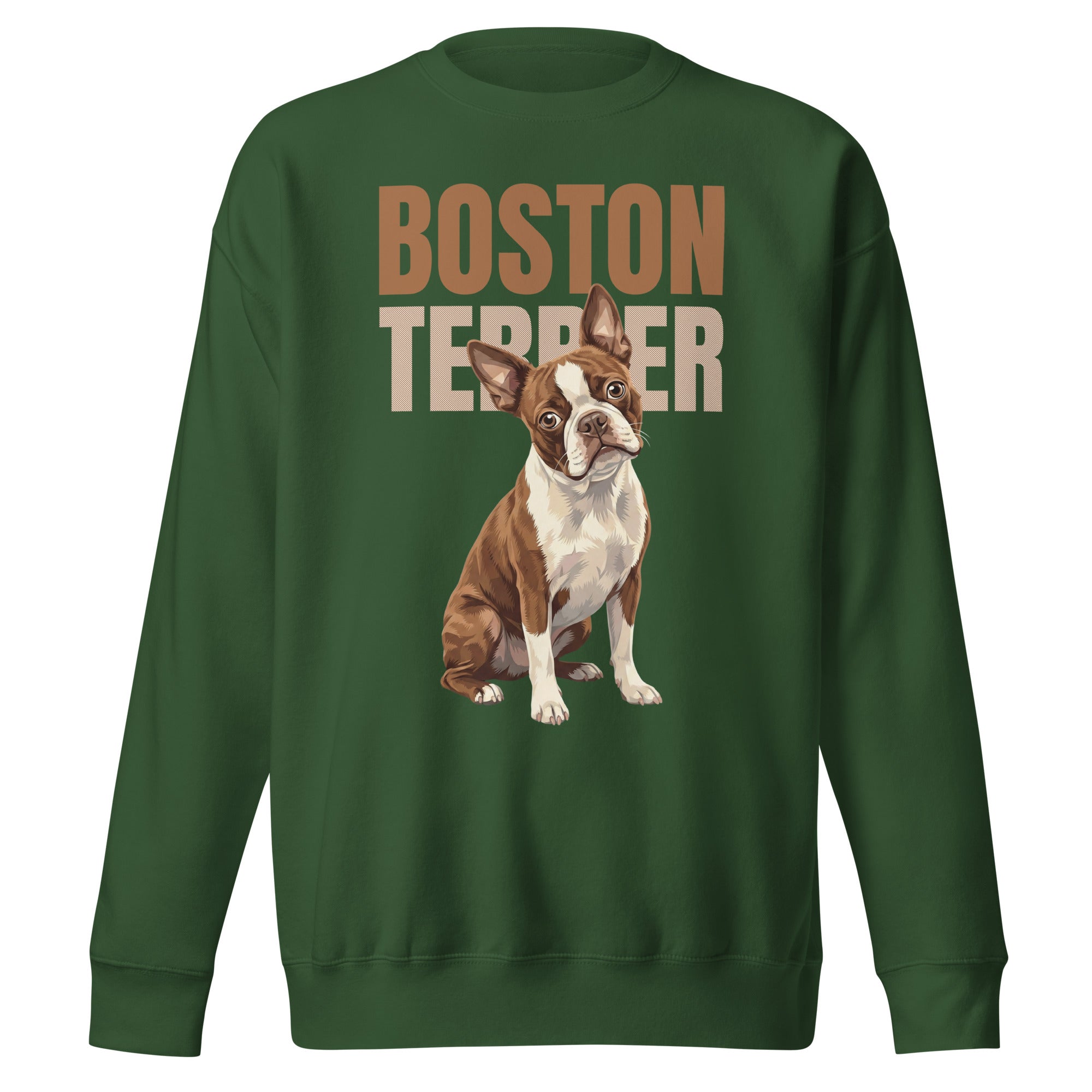 Brown Boston Terrier Dog Unisex Premium Sweatshirt . Forest Green