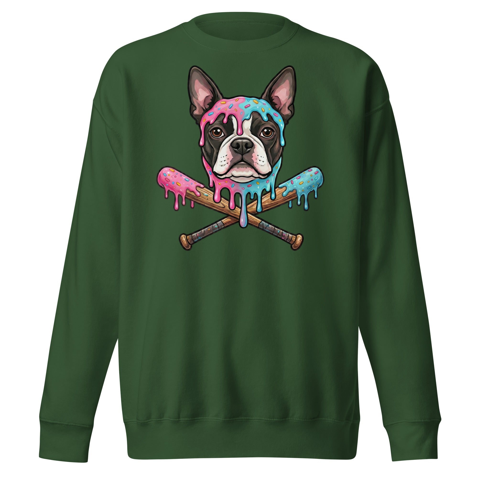 Baseball Drip Boston Terrier Dog Unisex Premium Sweatshirt . Forest Green